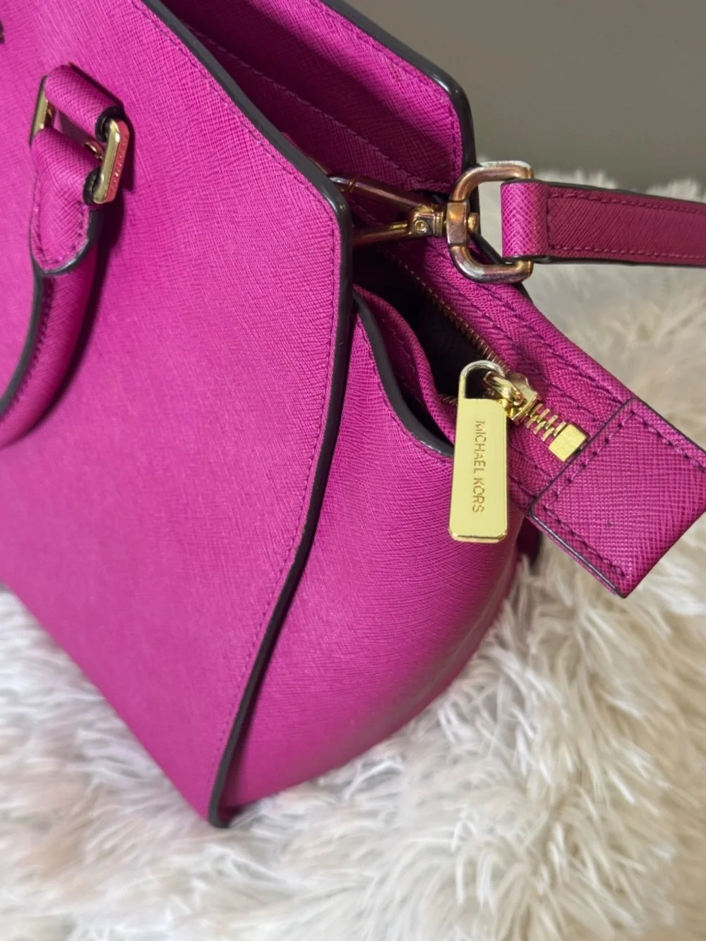 Michael Kors Hot Pink Saffiano Leather Satchel Crossbody Bag with Dust Bag.